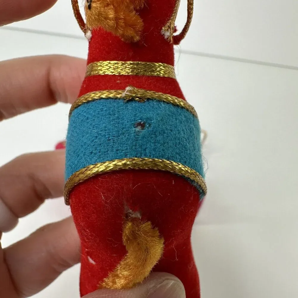 2 Vtg Rocking Horse Flocked Christmas Ornaments Kitschy Red Pink Pipe Cleaner 4